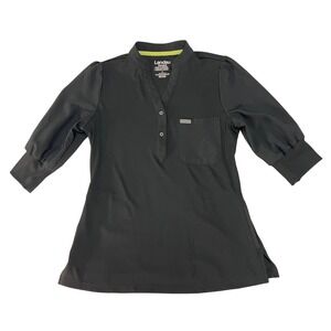 Landau Forward Black Ribbed Y Neck 3/4 Sleeve Scrub Top‎ Women Size S